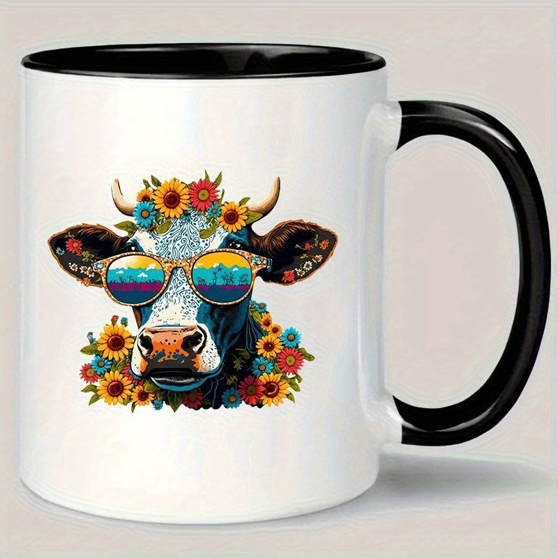Tailorly Black Accent 11 oz Mug - cow with fashion glasses mug floral cow cup with telescope white exterior insulated ceramic coffee cup for hot cold