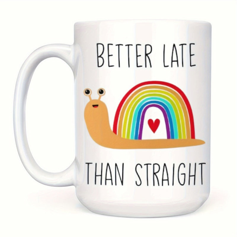 Tailorly White Ceramic 11 oz Mug - Better Late Than Straight Slow Moving Cartoon Snail Carrying A Vibrant Rainbow Heart Shell Snail