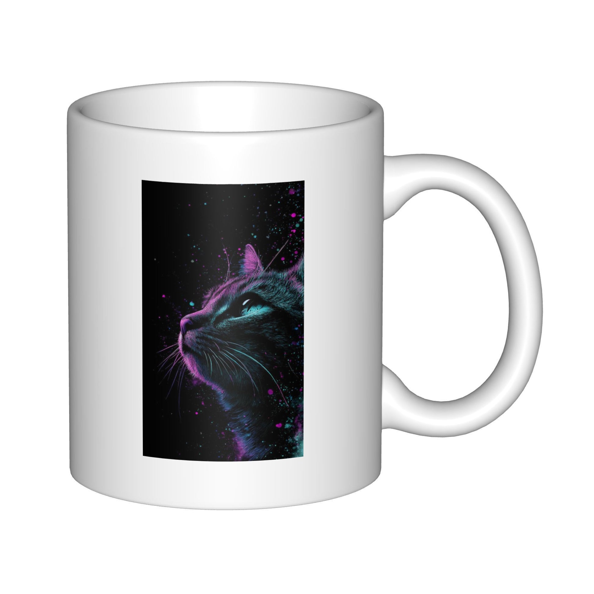 Tailorly White Ceramic 11 oz Mug - Vibrant Neon Purple And Cyan Glowing Profile On Dark Starry Background Cat