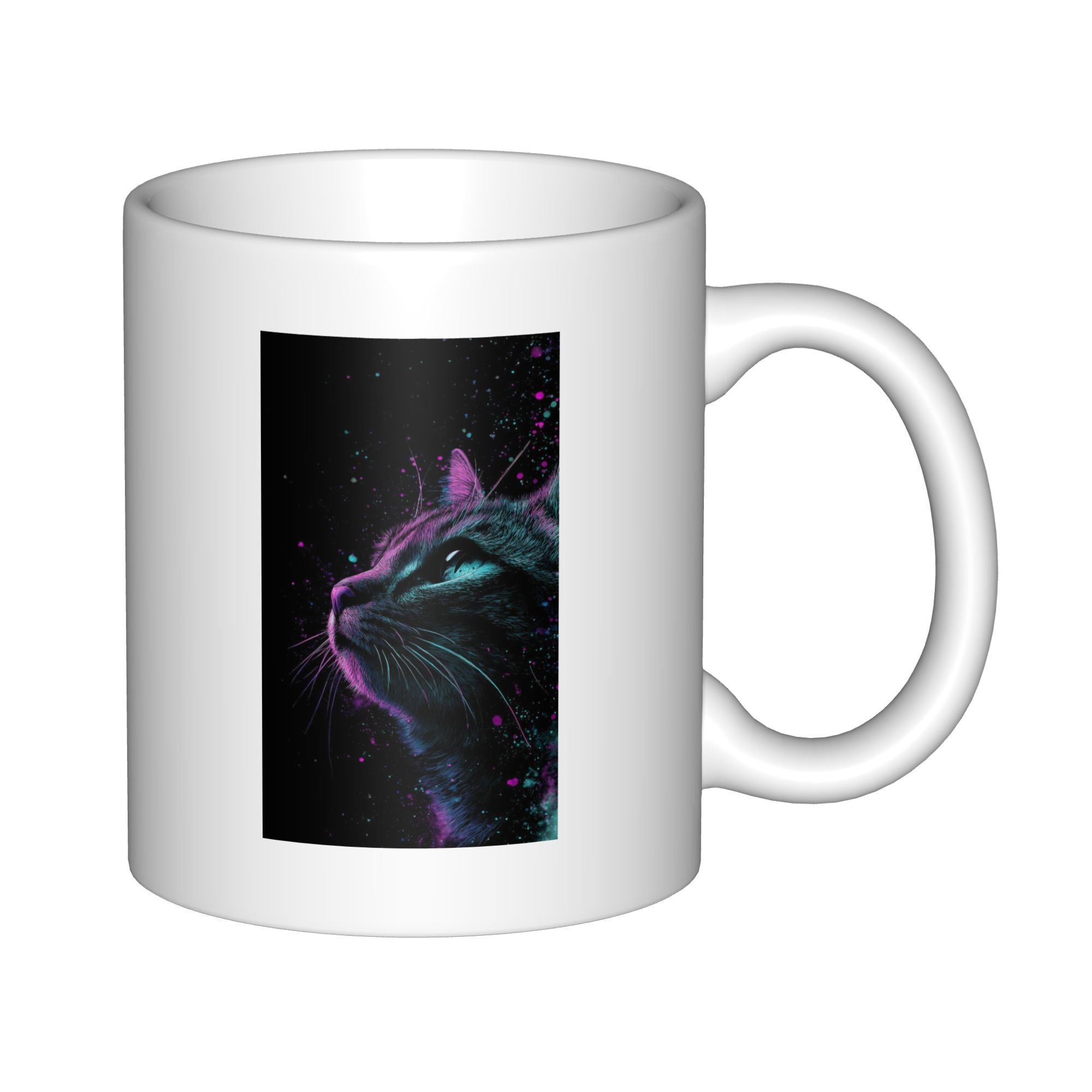 Tailorly White Ceramic 11 oz Mug - Vibrant Neon Purple And Cyan Glowing Profile On Dark Starry Background Cat