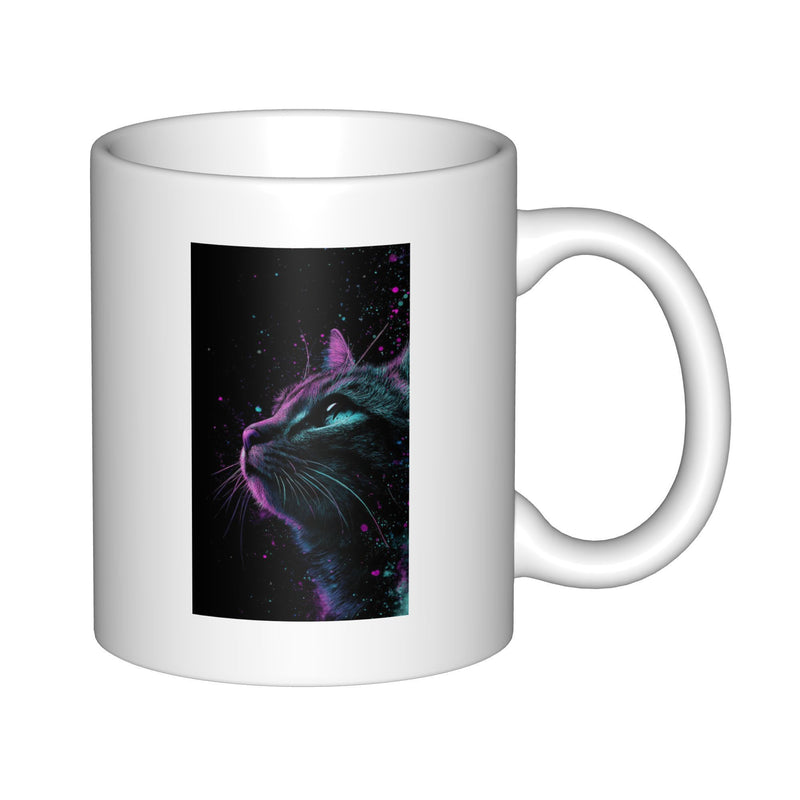 Tailorly White Ceramic 11 oz Mug - Vibrant Neon Purple And Cyan Glowing Profile On Dark Starry Background Cat