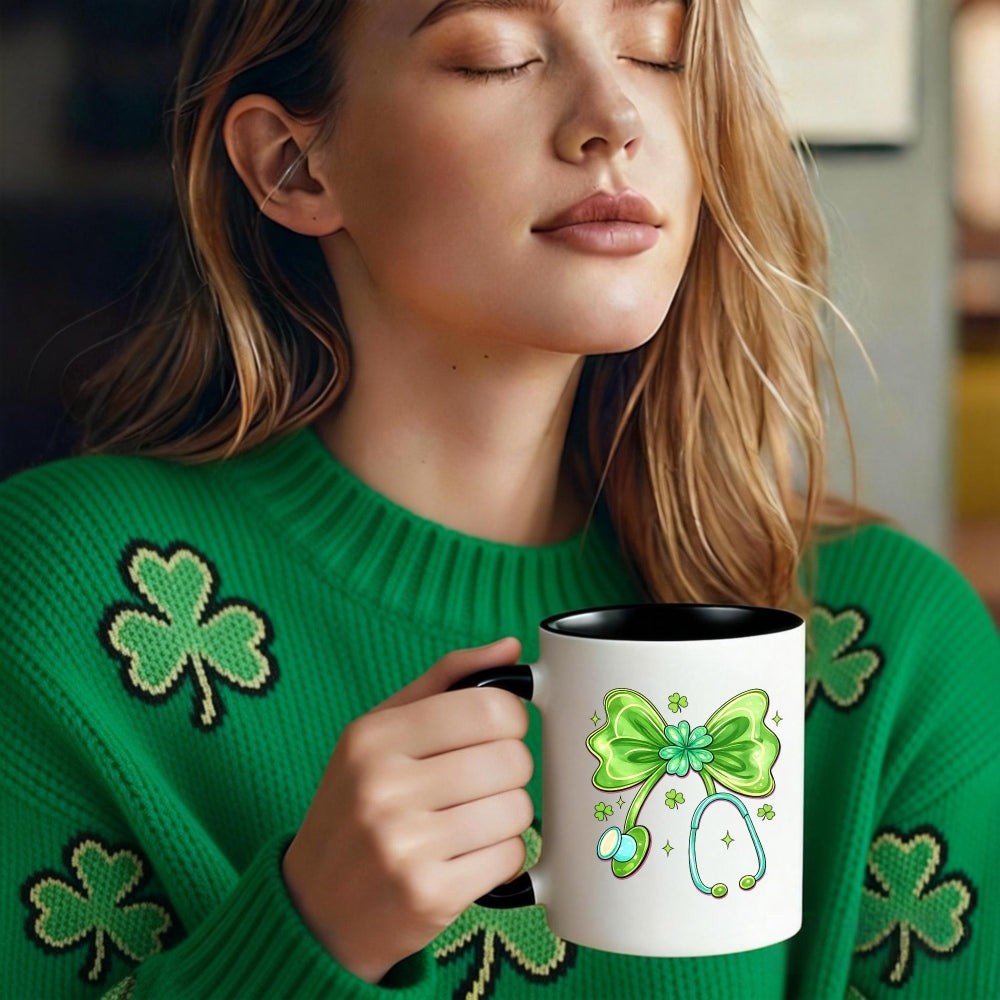 Tailorly Black Accent 11 oz Mug - bow clover bell and stars pattern