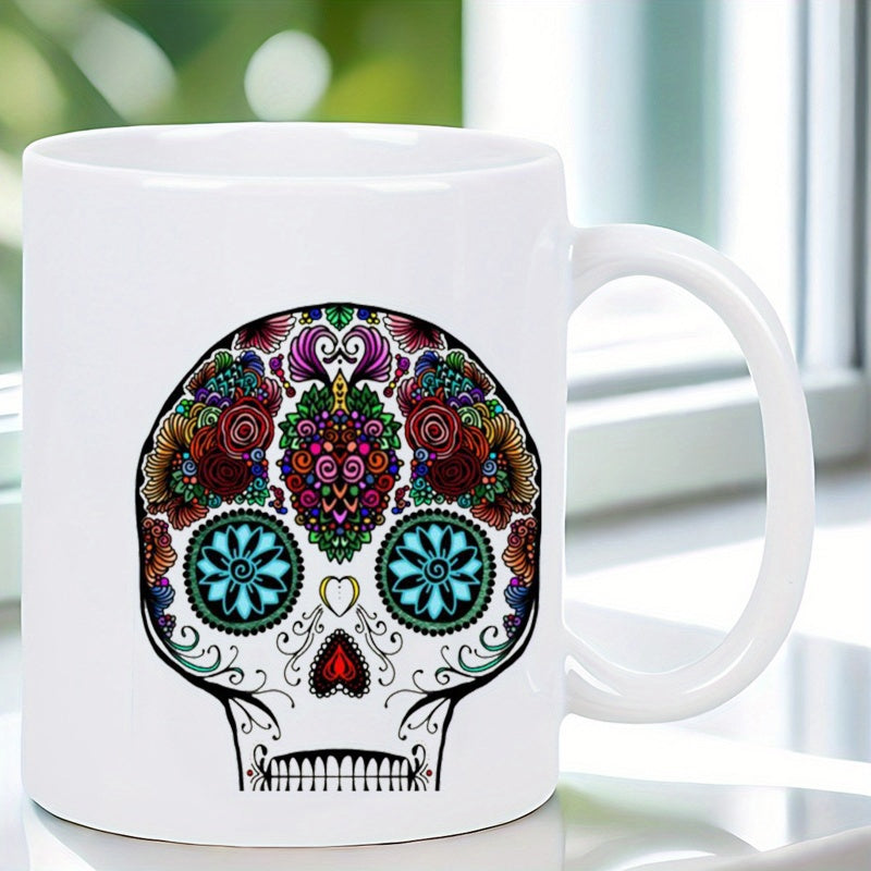 Tailorly White Ceramic 11 oz Mug - Vibrant Floral Patterns Featuring Intricate Mandalas With Decorative Traditional Mexican Ornaments Skull