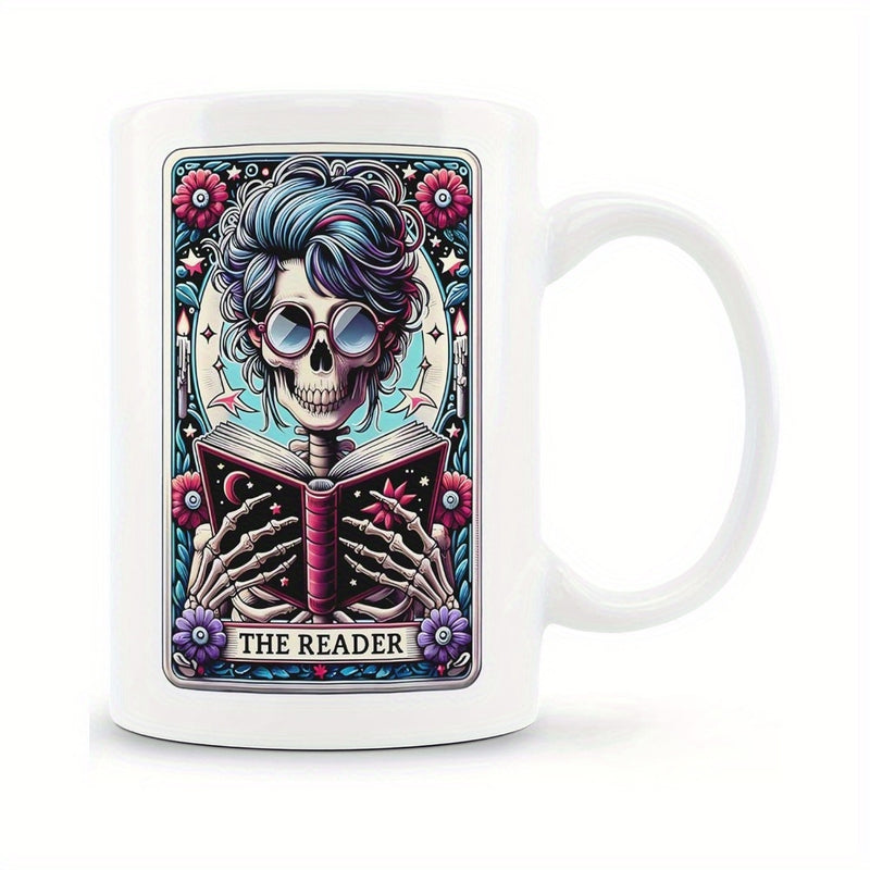 Tailorly White Ceramic 11 oz Mug - The Reader Mystical Skeleton With Blue Hair Reading Magic Book Among Flowers Skeleton