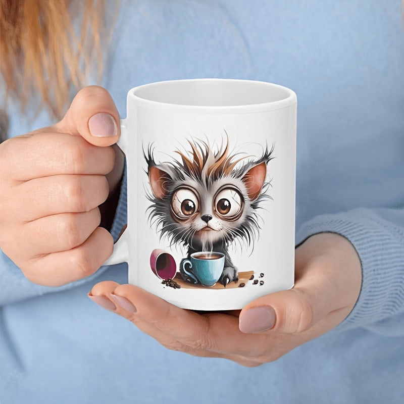 Tailorly White Ceramic 11 oz Mug - Messy Hair Scruffy Little Animal Drinking Warm Morning Brewed Coffee Creature