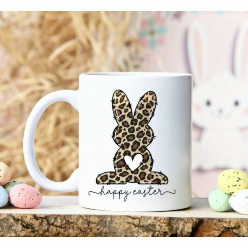 Tailorly White Ceramic 11 oz Mug - Happy Easter Leopard Patterned Bunny Silhouette With A Heart Shape Cutout Rabbit