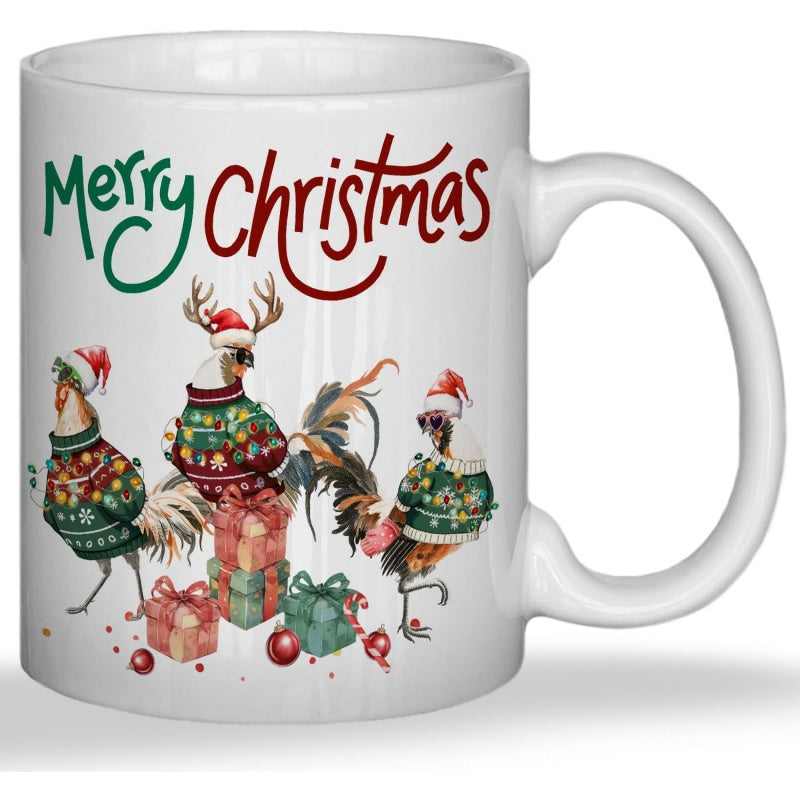 Tailorly White Ceramic 11 oz Mug - Merry Christmas Festive Roosters Wearing Ugly Christmas Sweaters Among Holiday Gift Boxes Rooster