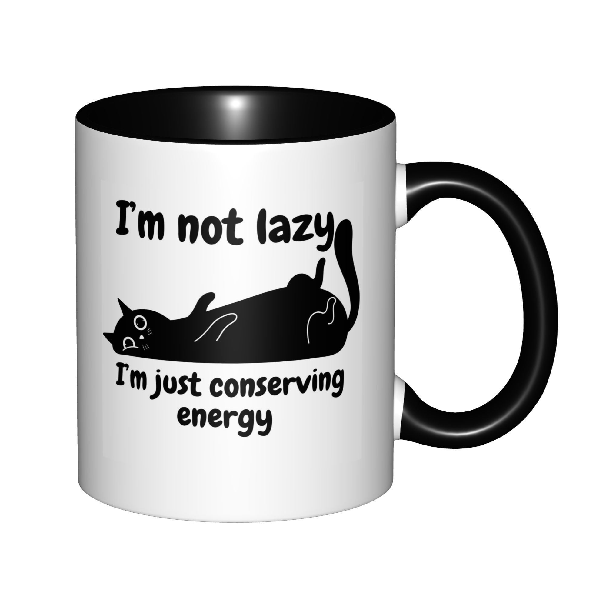 Tailorly Black Accent 11 oz Mug - ceramic coffee cup 11oz cat tea cup chonky black cat lounging not lazy im just conserving energy text design