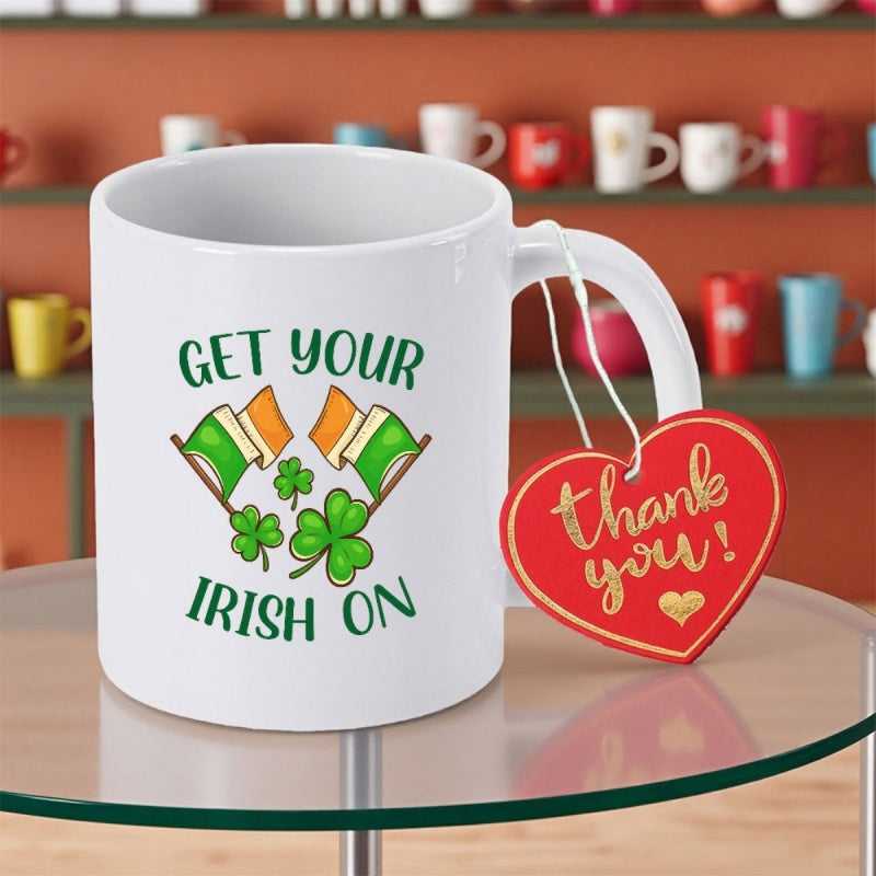 Tailorly White Ceramic 11 oz Mug - Get Your Irish On Vibrant Green Shamrocks And Crossed Irish Flags Set Within Festive Decorative Layout Shamrock