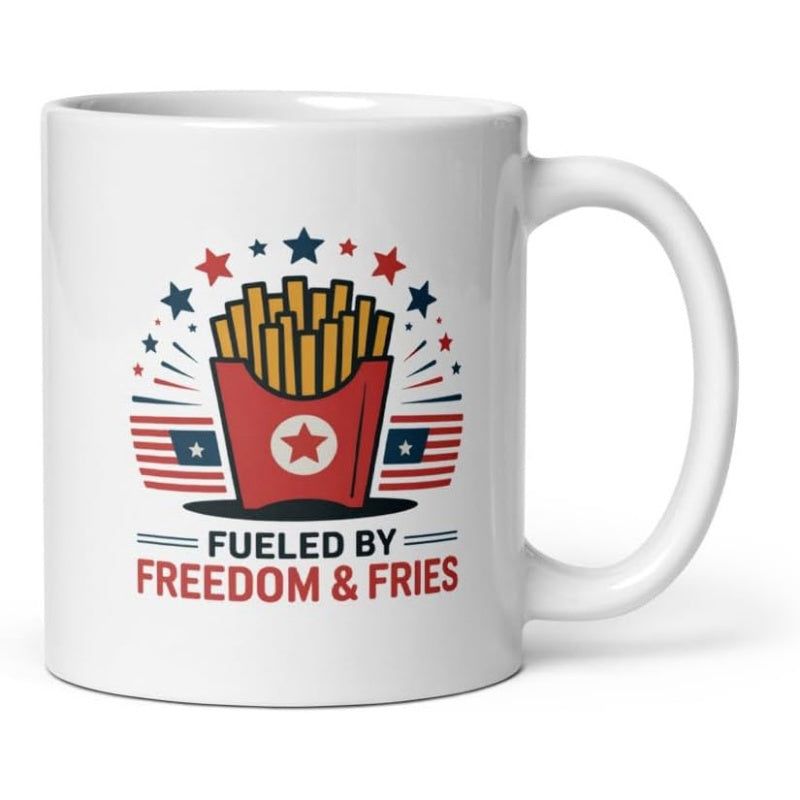 Tailorly White Ceramic 11 oz Mug - Fueled By Freedom Fries Patriotic Red And Blue Stars Stripes With Golden Salty Fries