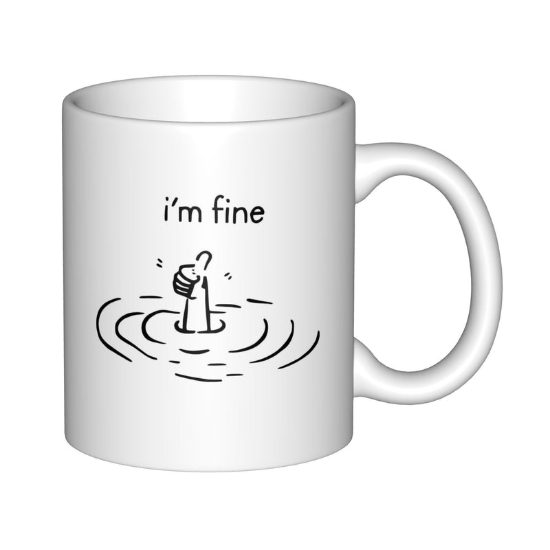 Tailorly White Ceramic 11 oz Mug - Im Fine Minimalist Sinking Thumbs Up Design With Circular Water Ripples Hand
