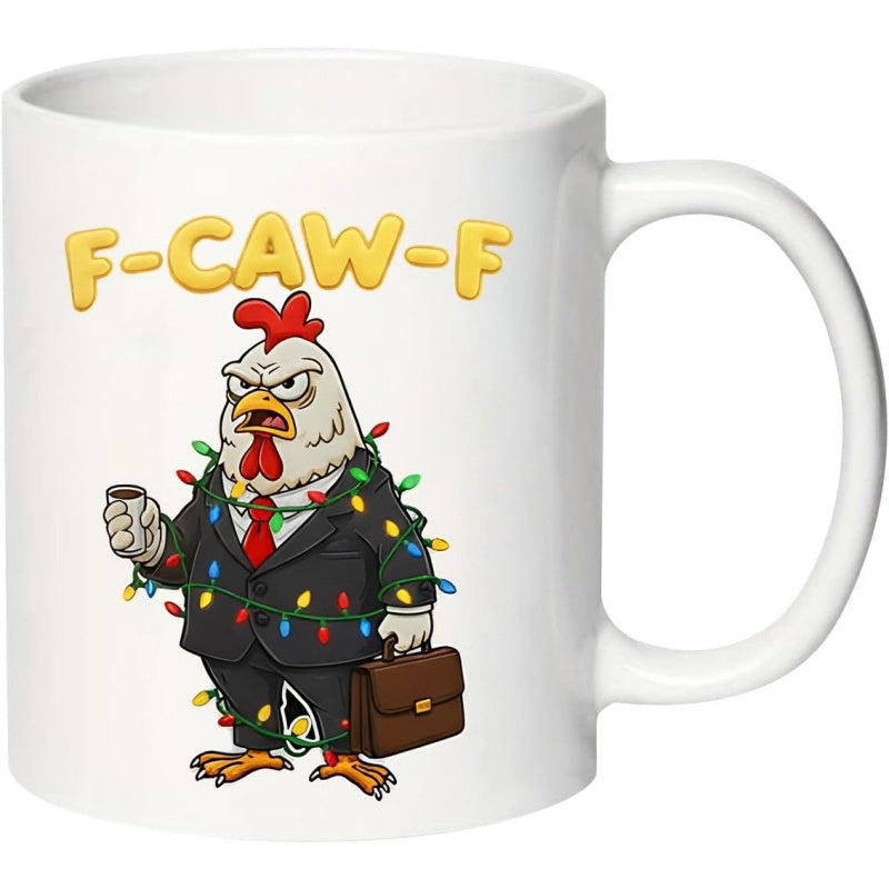 Tailorly White Ceramic 11 oz Mug - F Caw F Grumpy Angry Cartoon Bird Wearing Business Suit Wrapped In Christmas Lights Rooster