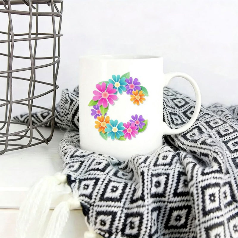 Tailorly White Ceramic 11 oz Mug - Elegant Colorful Blossoms Forming A Botanical Initial Personalized Monogram Letter