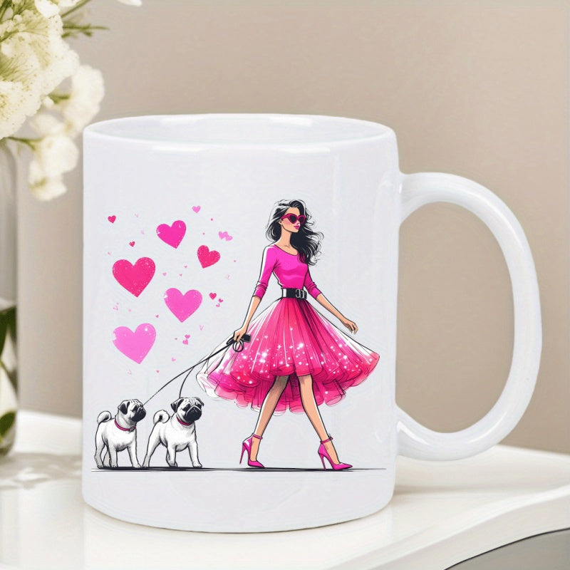 Tailorly White Ceramic 11 oz Mug - Elegant Fashionable Woman In Sparkling Pink Dress Walking Two Small Pugs Lady