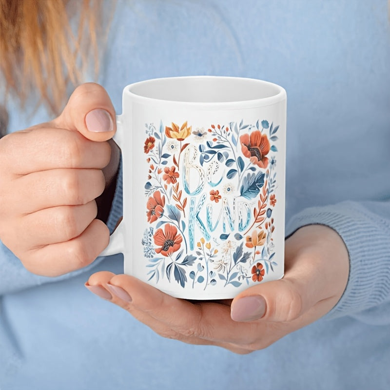 Tailorly White Ceramic 11 oz Mug - Be Kind Hand Painted Colorful Wildflowers Surrounded By Elegant Soft Blue Leaves Flower