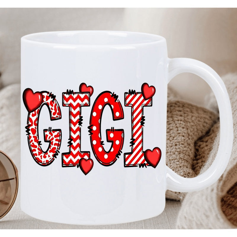 Tailorly White Ceramic 11 oz Mug - Gigi Featuring Red Patterns And Tiny Hearts With Decorative Black Stitching Mug
