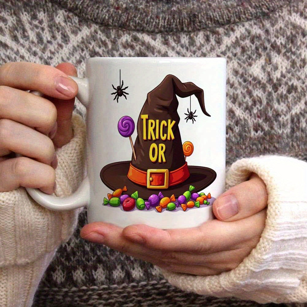 Tailorly White Ceramic 11 oz Mug - Trick Or Whimsical Halloween Scene Featuring Spiders And Candies Surrounding A Large Hat