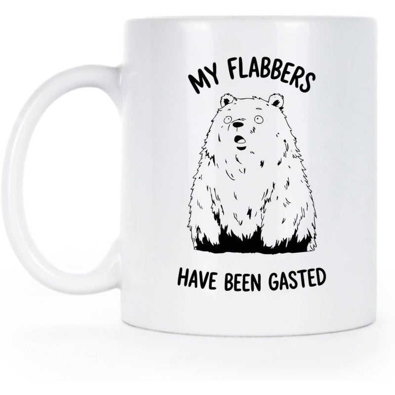 Tailorly White Ceramic 11 oz Mug - My Flabbers Have Been Gasted Monochrome Sketch Of A Fluffy Surprised Cartoon Bear