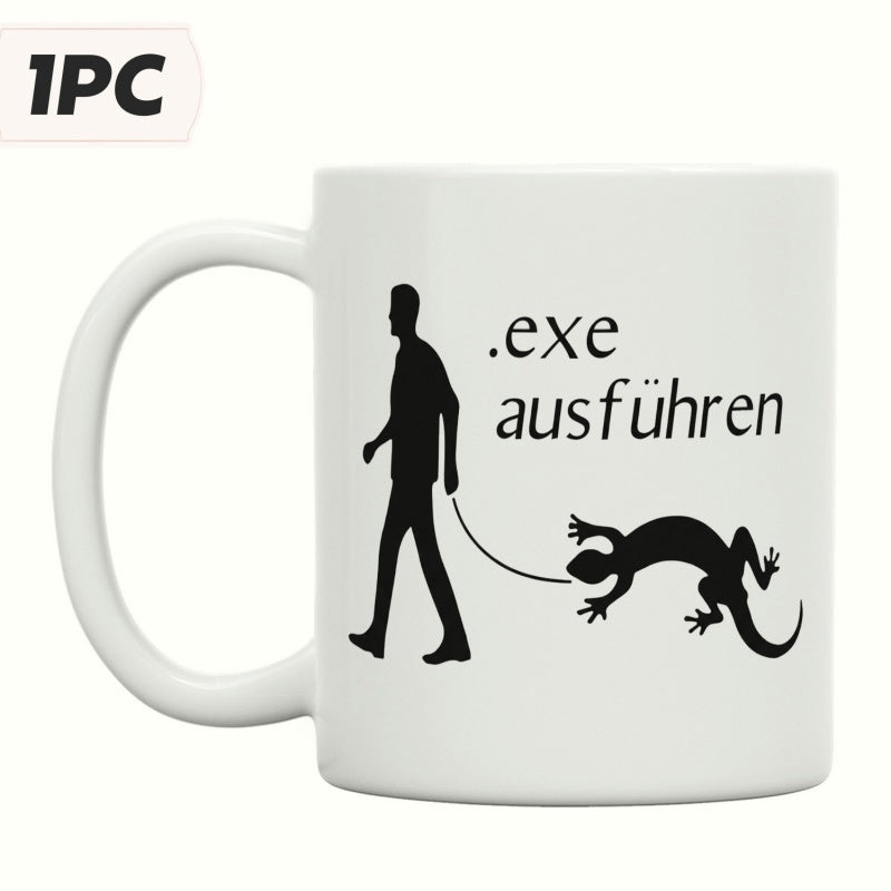 Tailorly White Ceramic 11 oz Mug - Minimalist Silhouette Of A Man Walking A Small Leashed Gecko