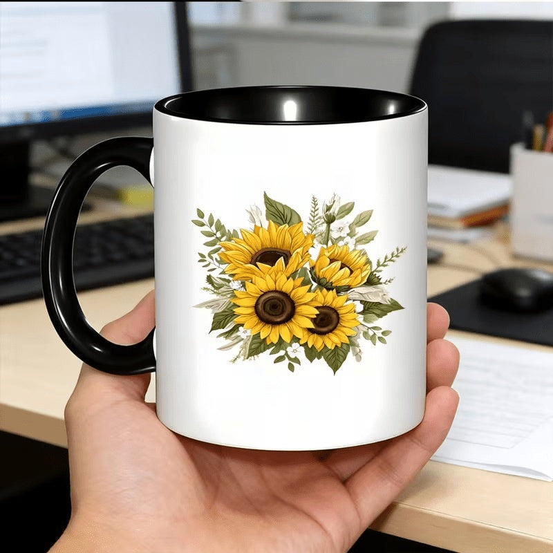 Tailorly Black Accent 11 oz Mug - with sunflower sturdy ceramic cup showcasing vibrant yellow sunflowers and a large floral motif