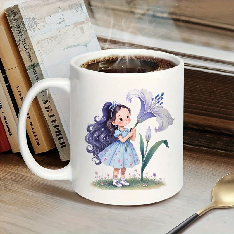 Tailorly White Ceramic 11 oz Mug - Charming Little Girl Holding A Giant Purple Lily In Full Bloom Girl