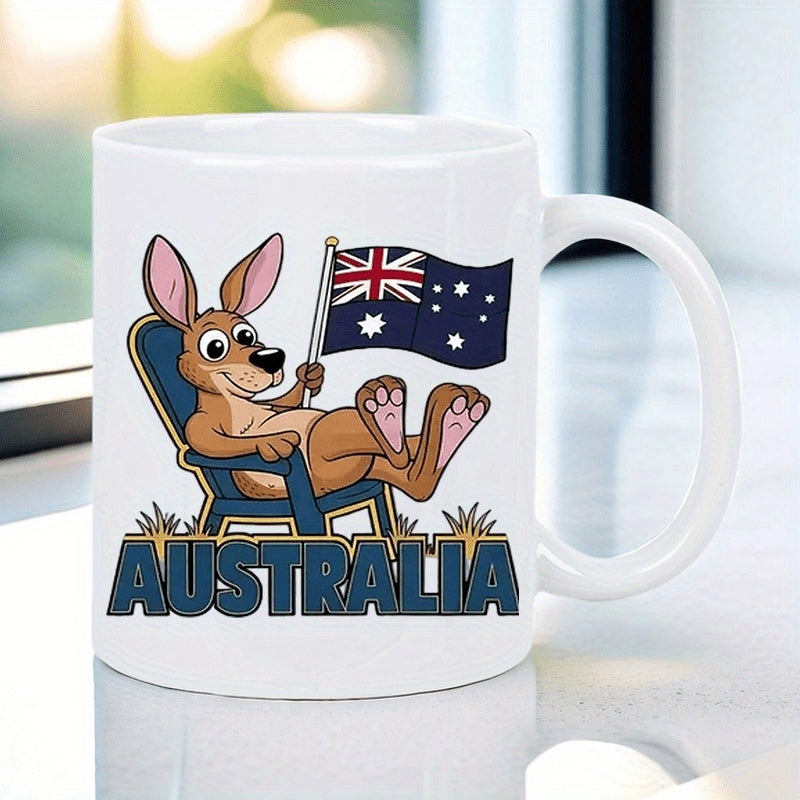 Tailorly White Ceramic 11 oz Mug - Australia Relaxing Cartoon Animal Sitting In Blue Chair Holding National Flag Kangaroo
