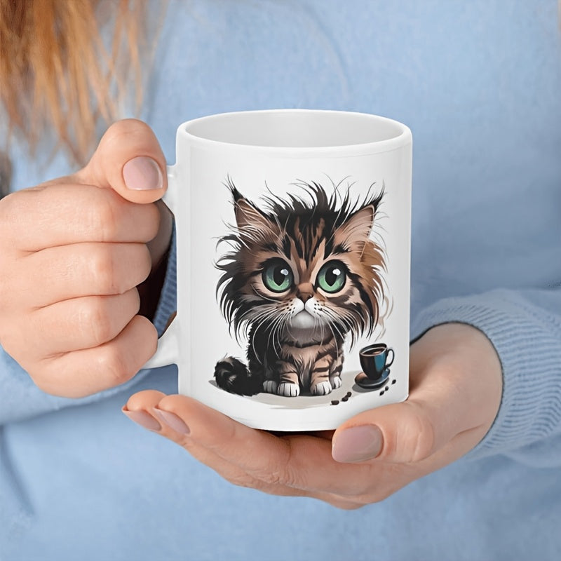Tailorly White Ceramic 11 oz Mug - Adorable Messy Hair Fluffy Brown Tabby Sitting Beside A Small Black Coffee Kitten