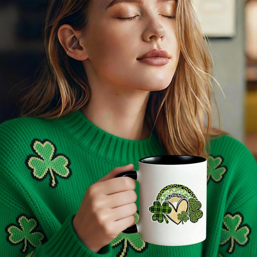 Tailorly Black Accent 11 oz Mug - 1pc 11oz coffee mug st patricks day gifts for her pattern with black trim and golden accents ceramic tea coffee cup