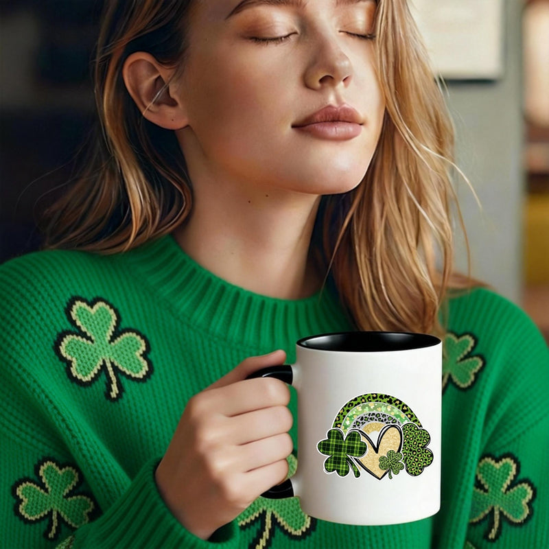 Tailorly Black Accent 11 oz Mug - 1pc 11oz coffee mug st patricks day gifts for her pattern with black trim and golden accents ceramic tea coffee cup