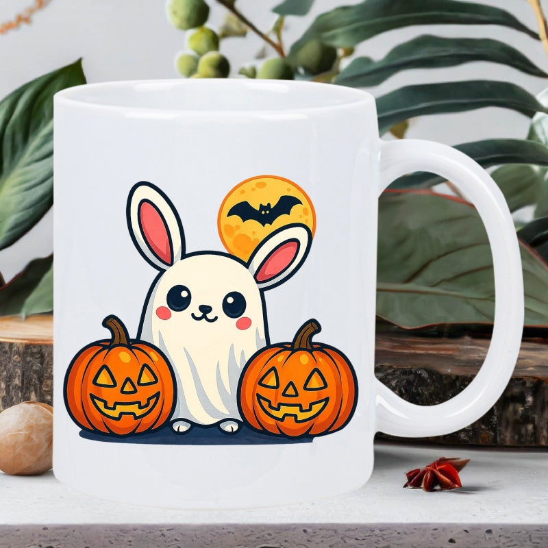 Tailorly White Ceramic 11 oz Mug - Festive Halloween Scene Featuring A Cute Ghost Rabbit Among Pumpkins Rabbit