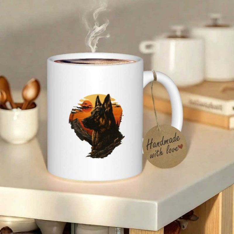 Tailorly White Ceramic 11 oz Mug - Majestic German Shepherd Silhouette Among Vibrant Orange Sunset Colors German Shepherd