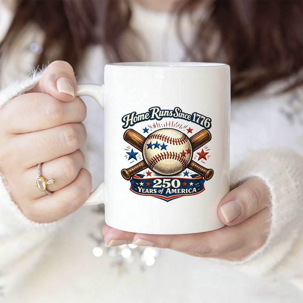 Tailorly White Ceramic 11 oz Mug - Home Runs Since 1776 250 Years Of America Patriotic Sports Theme Featuring Crossed Wooden Bats And Star Spangled Baseball