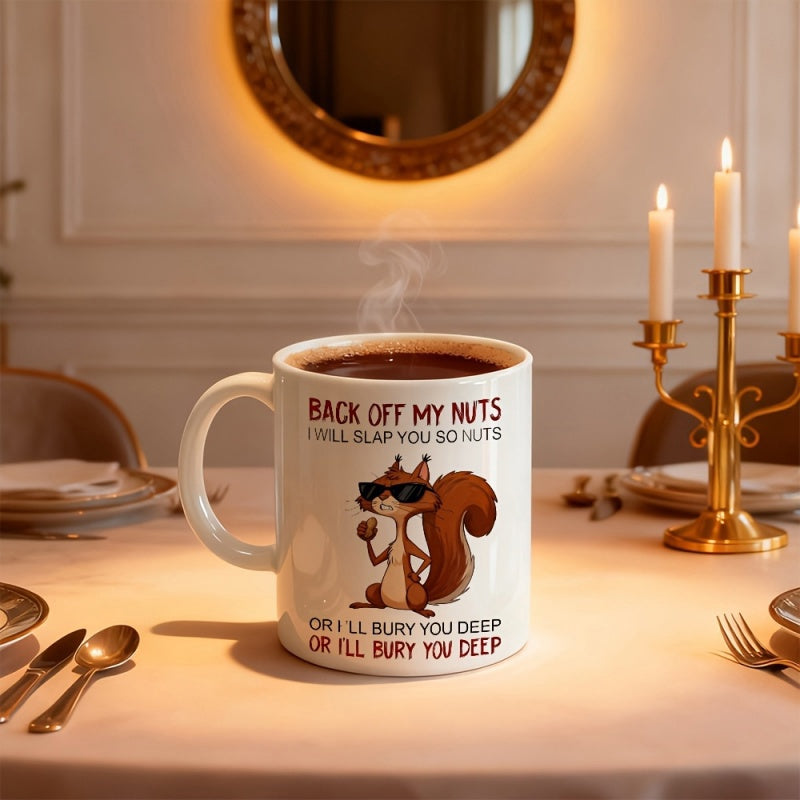 Tailorly White Ceramic 11 oz Mug - Back Off My Nuts I Will Slap You So Nuts Or I'll Bury You Deep Cool Animated Rodent Wearing Dark Shades And Large Fluffy Tail