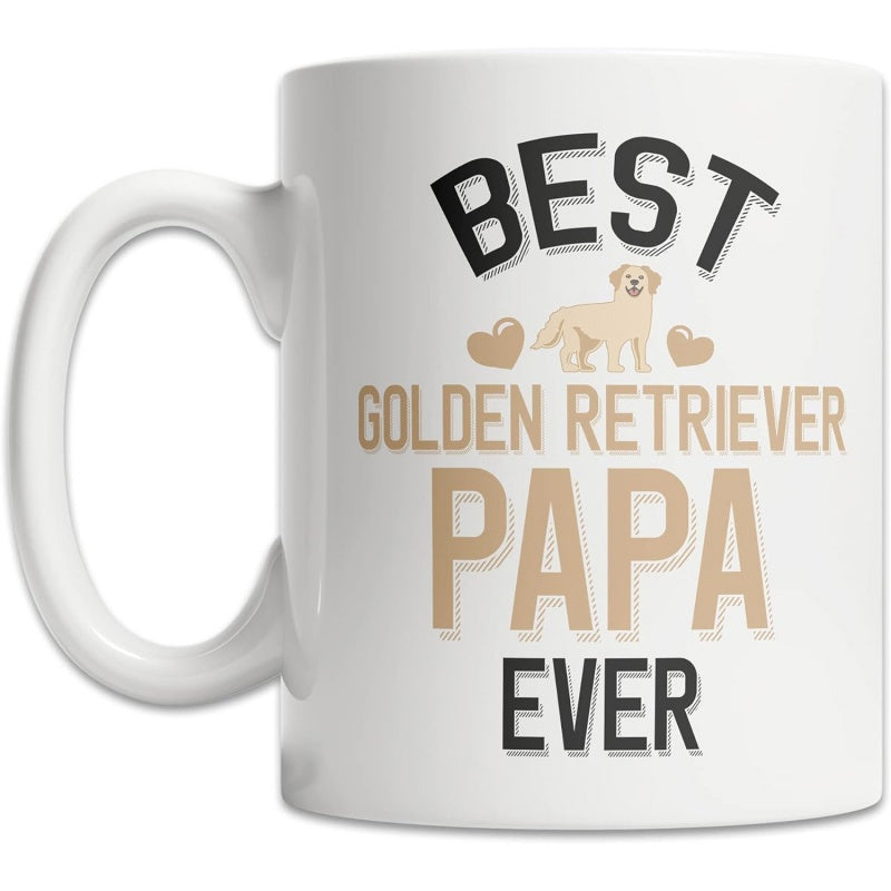 Tailorly White Ceramic 11 oz Mug - Best Golden Retriever Papa Ever Charming Golden Retriever Illustration Flanked By Small Hearts And Bold Typography Dog