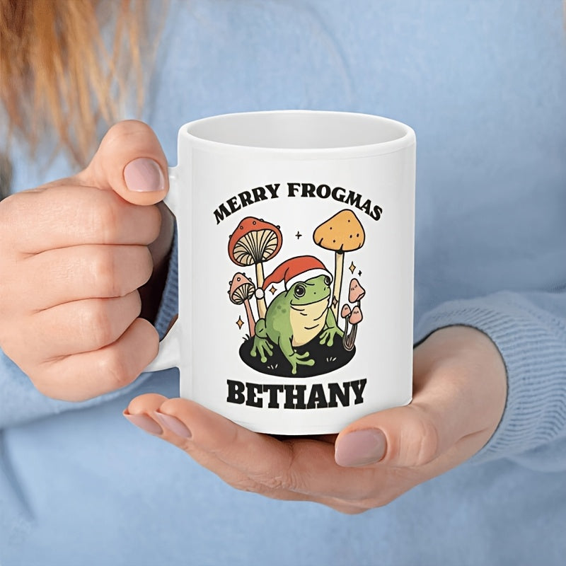 Tailorly White Ceramic 11 oz Mug - Merry Frogmas Bethany Festive Green Amphibian Wearing Red Santa Hat Among Tiny Wild Mushrooms Frog
