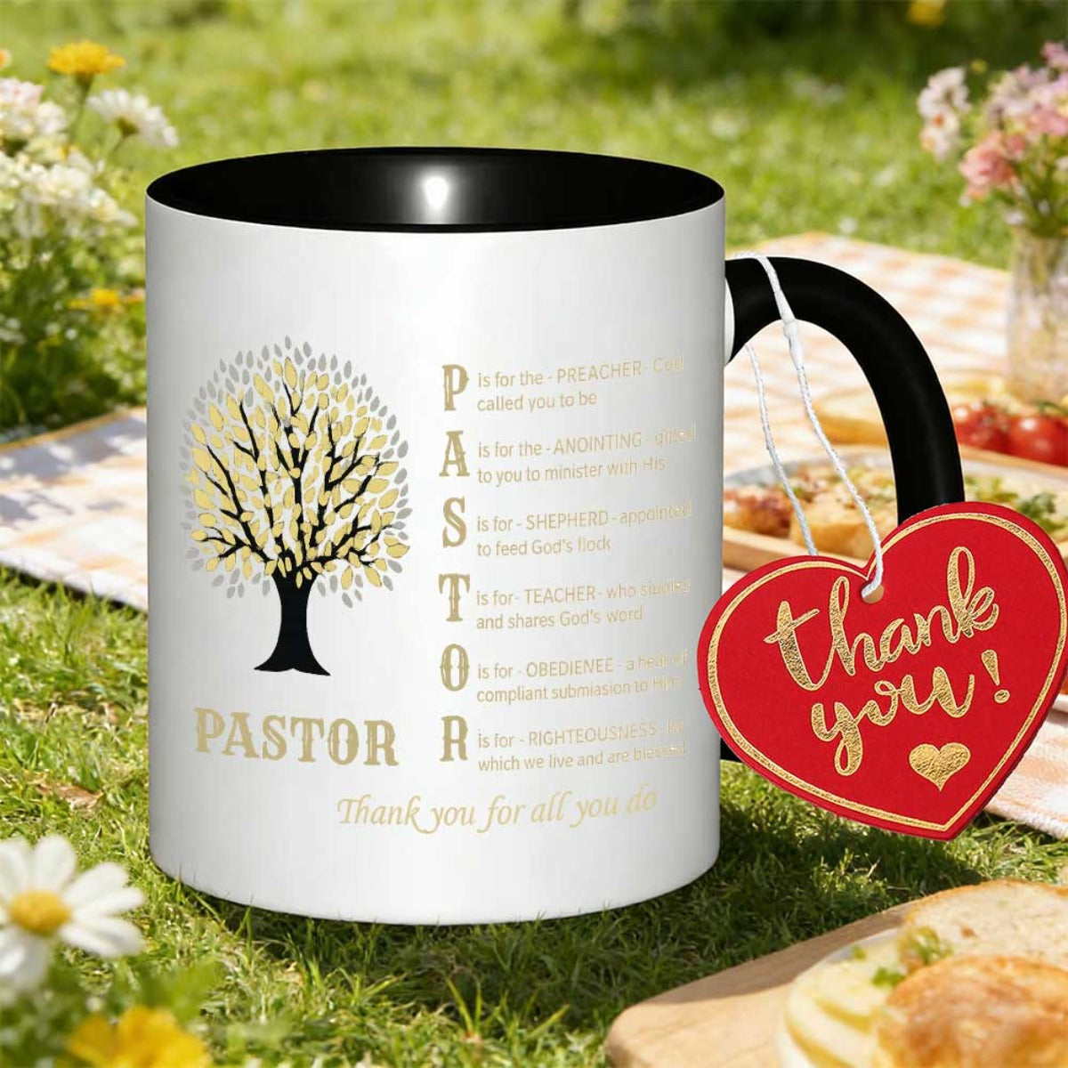 Tailorly Black Accent 11 oz Mug - pastor appreciation text with cultural pattern