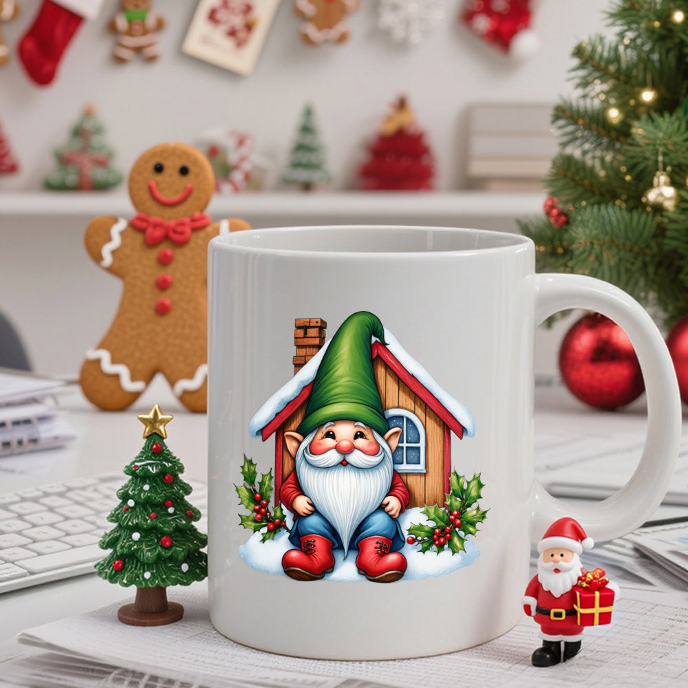 Tailorly White Ceramic 11 oz Mug - Charming Christmas Character Sitting Near A Snowy Winter Cabin Gnome