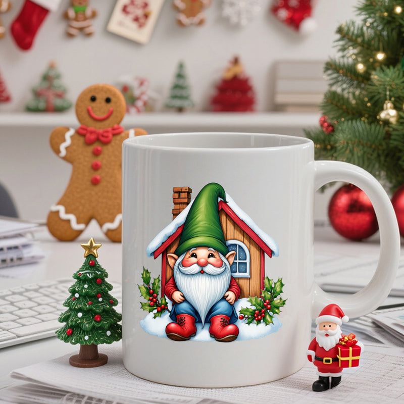Tailorly White Ceramic 11 oz Mug - Charming Christmas Character Sitting Near A Snowy Winter Cabin Gnome