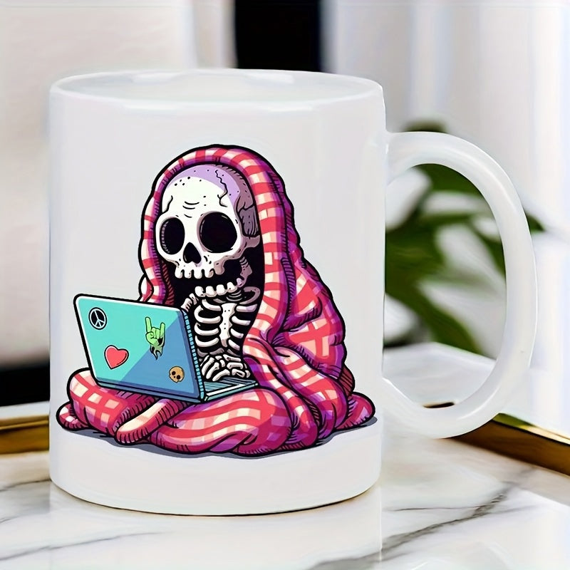 Tailorly White Ceramic 11 oz Mug - Cozy Animated Character Wrapped In Red Striped Blanket Working On Laptop Skeleton