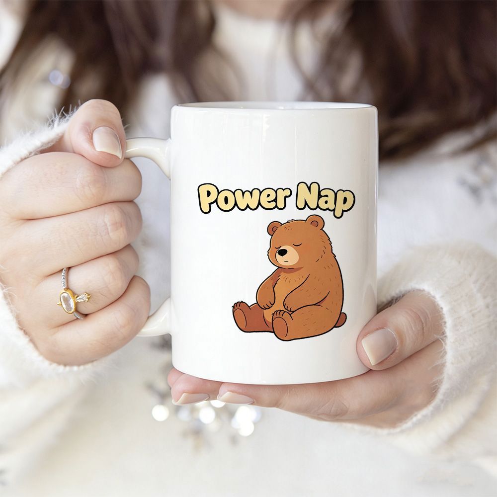 Tailorly White Ceramic 11 oz Mug - Power Nap Cute Brown Cartoon Bear Sitting Peacefully While Sleeping Bear