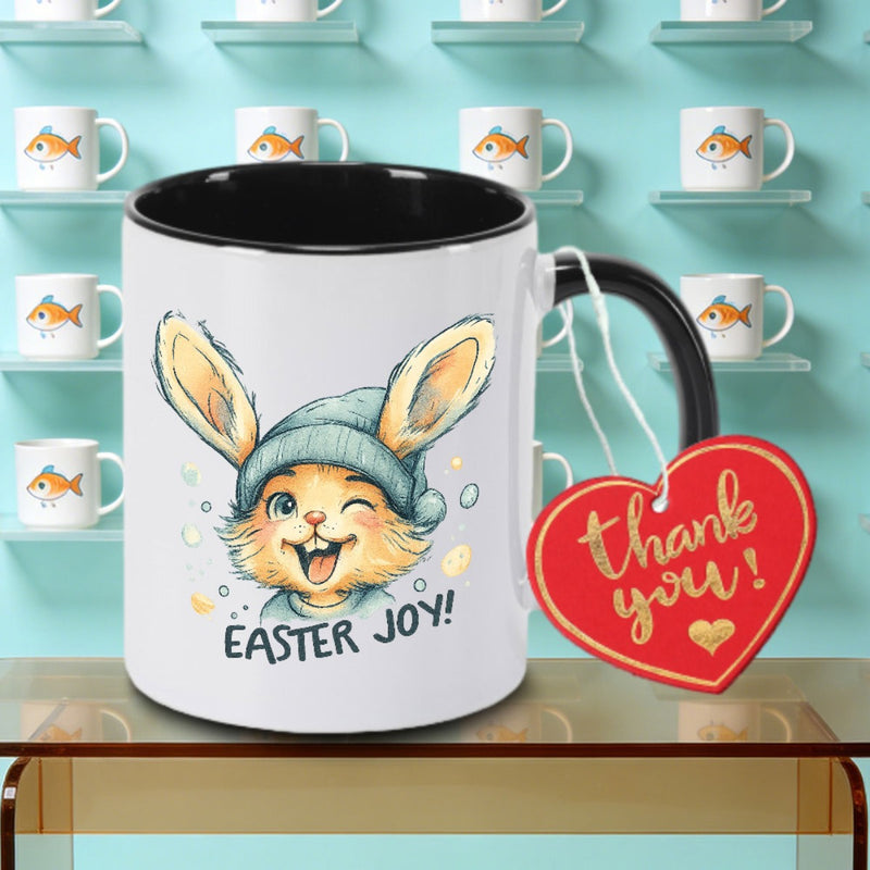 Tailorly Black Accent 11 oz Mug - Easter Joy Bunny Cartoon Logo