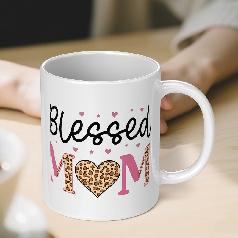 Tailorly White Ceramic 11 oz Mug - Blessed Mom Leopard Print Heart Surrounded By Tiny Pink Hearts And Accents Heart