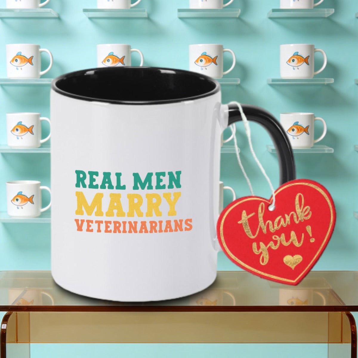 Tailorly Black Accent 11 oz Mug - REAL MEN MARRY VETERINARIANS Print Logo