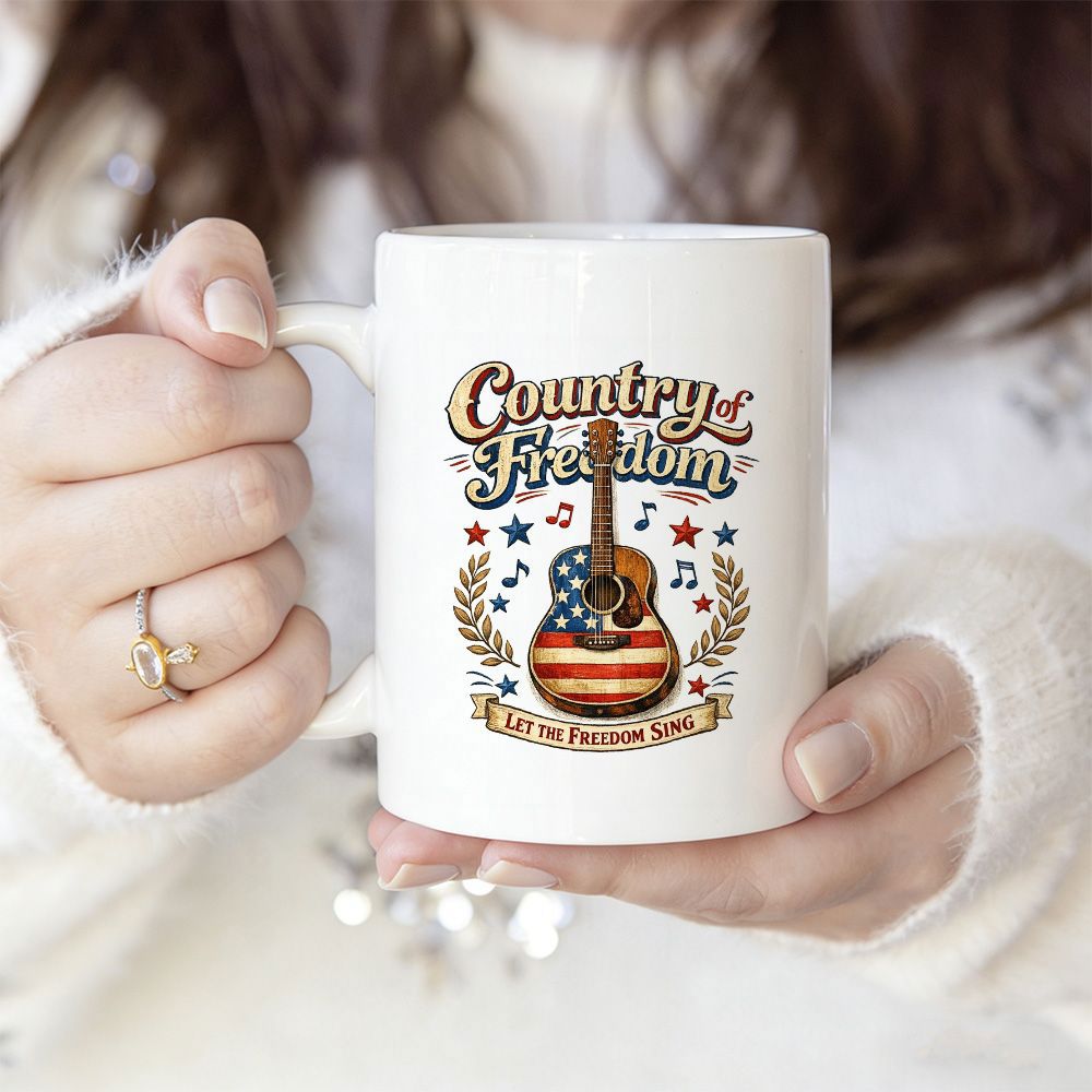 Tailorly White Ceramic 11 oz Mug - Country Of Freedom Let The Freedom Ring Acoustic Instrument Decorated With Patriotic Stars And Stripes Motif Pattern Guitar