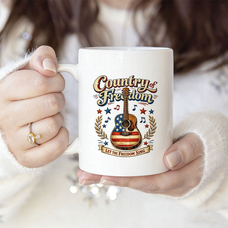 Tailorly White Ceramic 11 oz Mug - Country Of Freedom Let The Freedom Ring Acoustic Instrument Decorated With Patriotic Stars And Stripes Motif Pattern Guitar