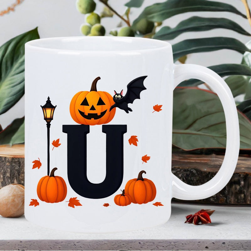 Tailorly White Ceramic 11 oz Mug - U Festive Halloween Arrangement With Pumpkins And Bat Surrounding Large Letter Mug