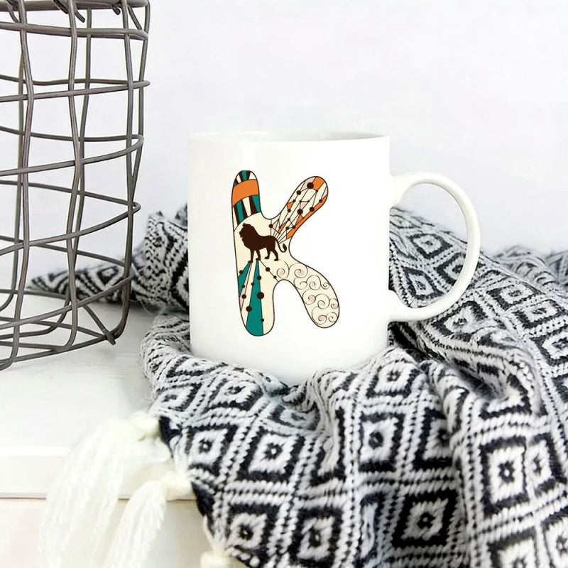 Tailorly White Ceramic 11 oz Mug - K Bohemian Tribal Texture Design Featuring A Small Wild Lion Silhouette Letter