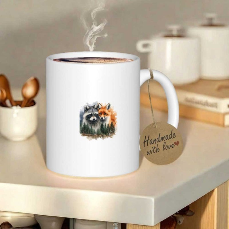 Tailorly White Ceramic 11 oz Mug - Handmade With Love Charming Raccoon And Red Fox Sitting Within Forest Foliage Fox