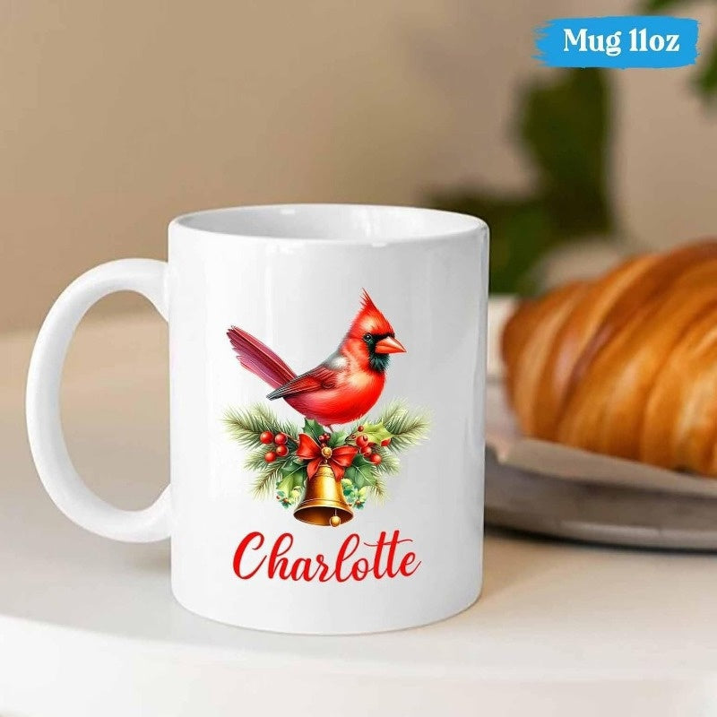 Tailorly White Ceramic 11 oz Mug - Charlotte Vibrant Red Winter Bird Among Festive Holly And Pine Cardinal