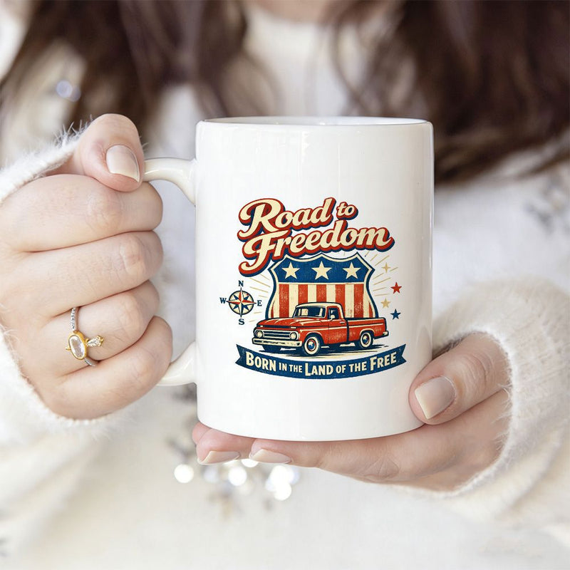 Tailorly White Ceramic 11 oz Mug - Road To Freedom Born In The Land Of The Free Vintage Red Pickup Truck With Patriotic Stars And Stripes Shield Truck
